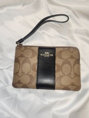 Coach Brown Signature Canvas Wristlet with Black Leather Stripe